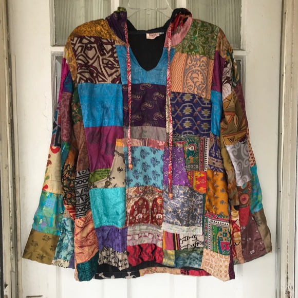 Gypsy Rose Hippie Boho  hooded  Patch work Top - Picture 1 of 3